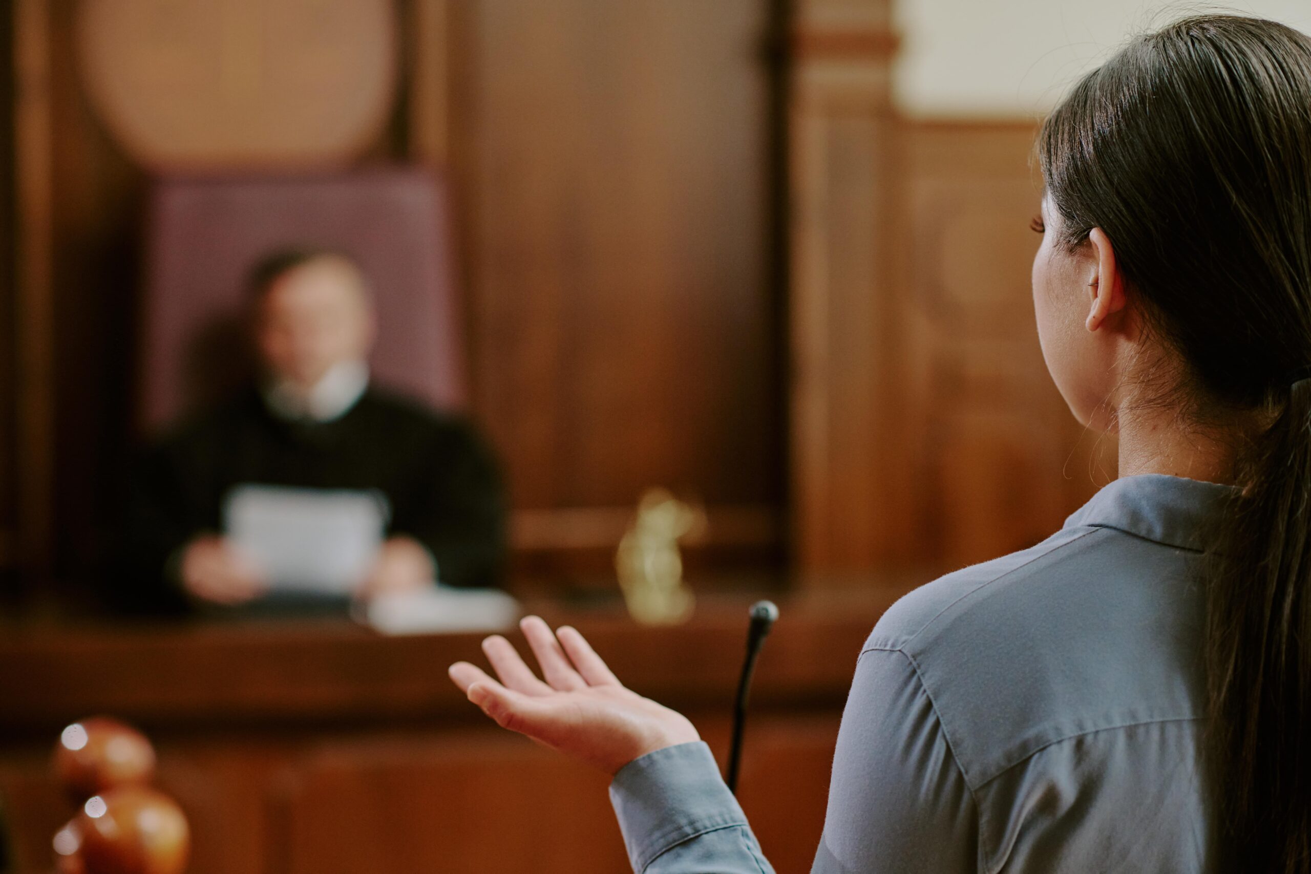 witness stood in court talking to judge